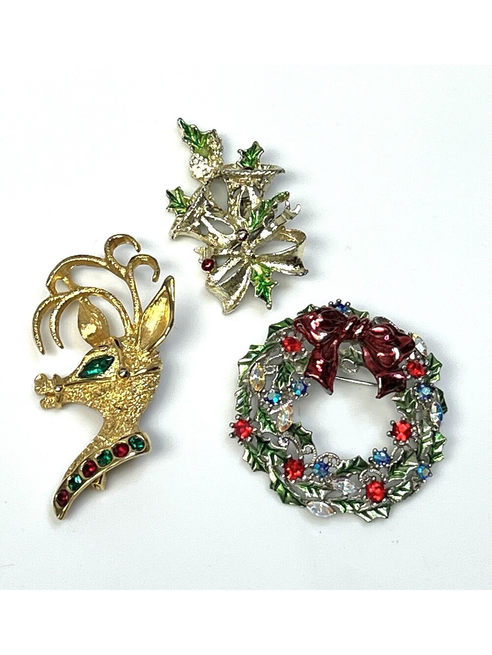 Lot of 3 Vintage Christmas Brooch Pin Gerry's Bells, Avante Reindeer, Wreath